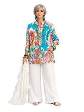 À La Carte Womens M Multicolor Floral Artsy Boho Tunic Top Shirt M 100% Cotton